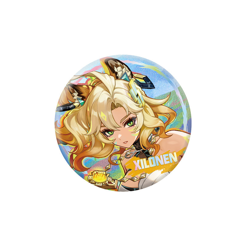Genshin Impact Xilonen character badge with holographic finish and themed artwork
