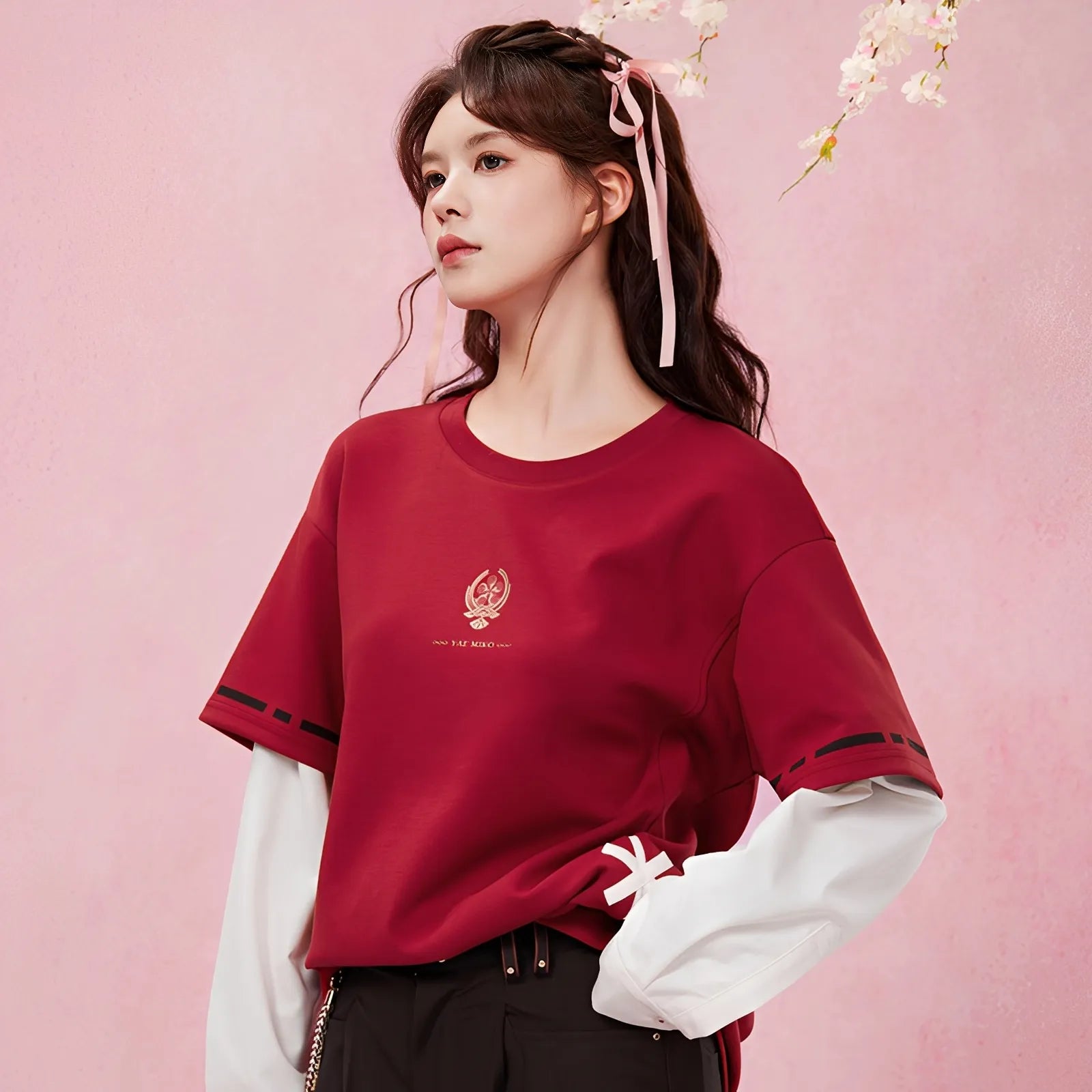 yae miko patchwork long sleeve t shirt male model front outfit relaxed fit