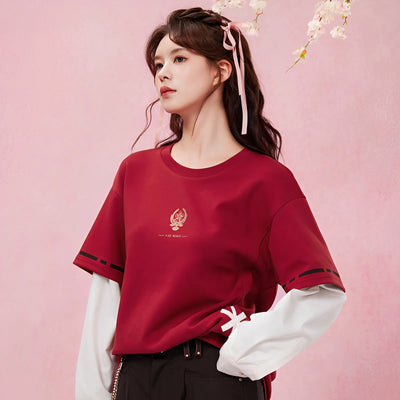 yae miko patchwork long sleeve t shirt male model front outfit relaxed fit