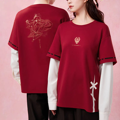 yae miko themed long sleeve t shirt female model outfit casual styling