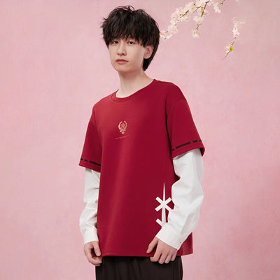 genshin impact yae miko red patchwork long sleeve t shirt layered design look