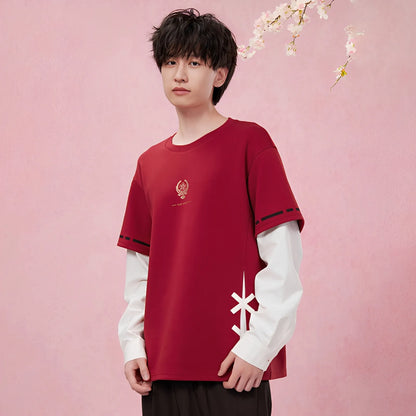 genshin impact yae miko red patchwork long sleeve t shirt layered design look