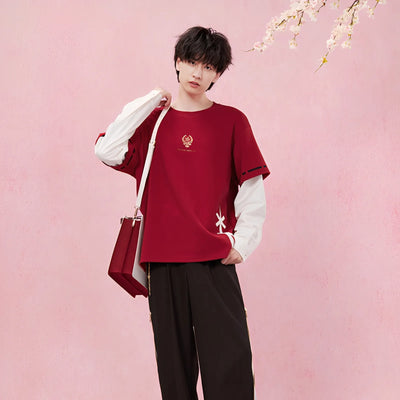 yae miko themed patchwork long sleeve t shirt design detail close view