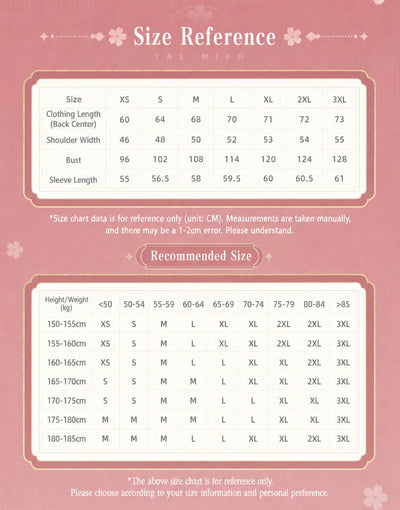 genshin impact yae miko long sleeve t shirt size chart clothing measurements guide