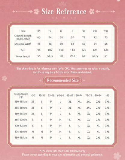 genshin impact yae miko long sleeve t shirt size chart clothing measurements guide