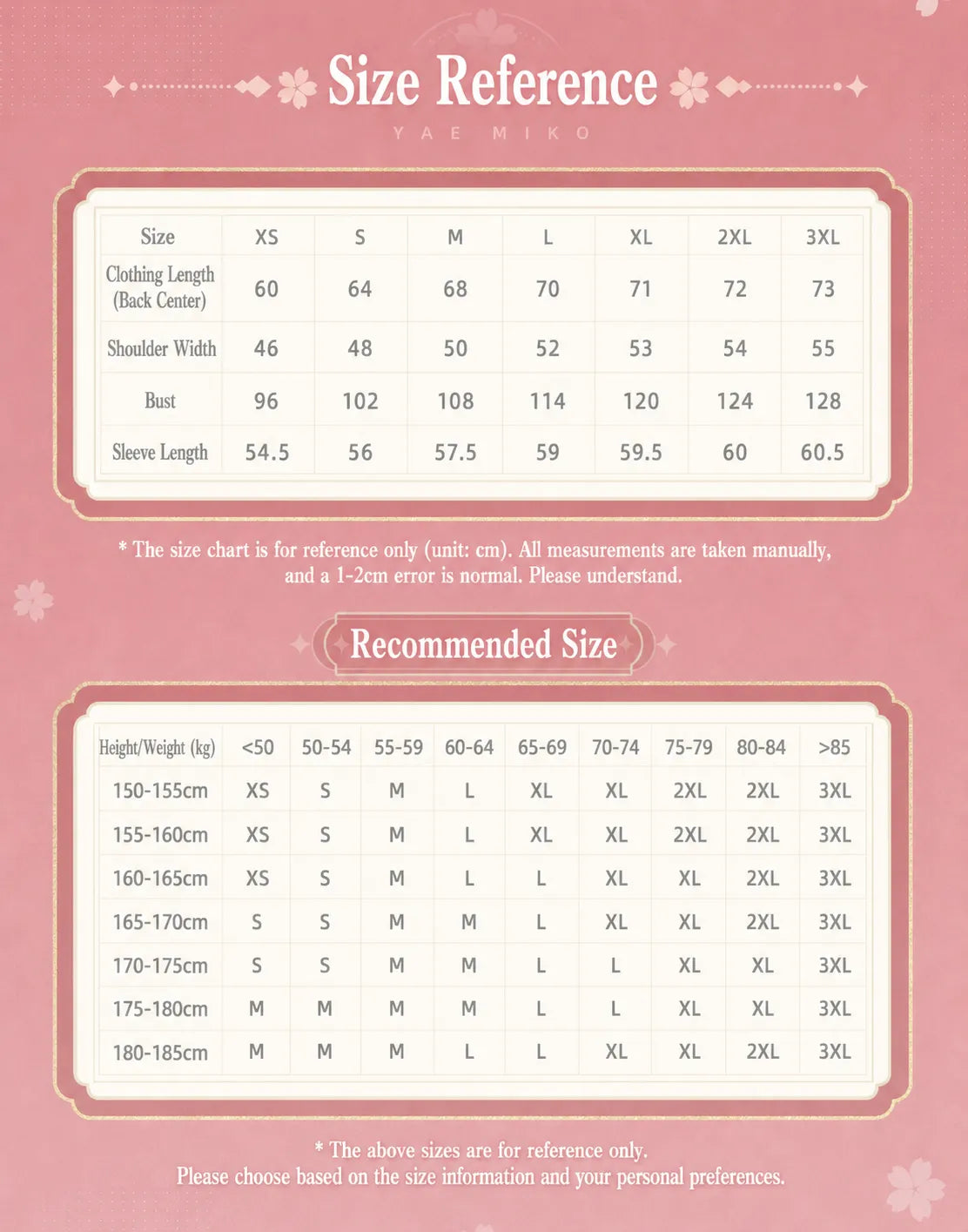 genshin impact yae miko stand collar sweatshirt size chart measurement guide xs to 3xl