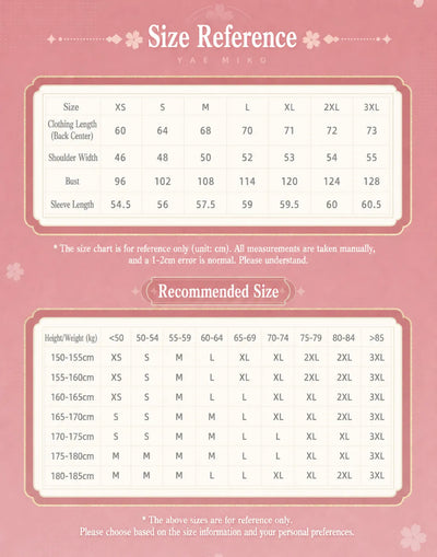 genshin impact yae miko stand collar sweatshirt size chart measurement guide xs to 3xl