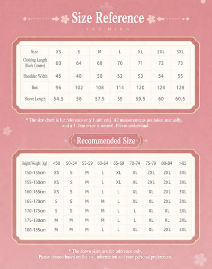 genshin impact yae miko stand collar sweatshirt size chart measurement guide xs to 3xl