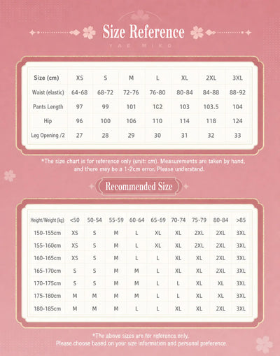 Yae Miko casual pants size chart measurement guide waist length hip