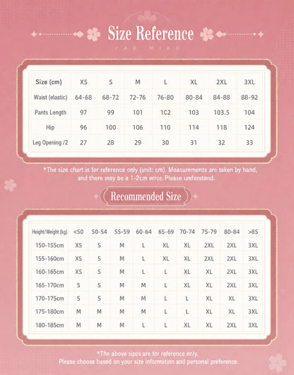 Yae Miko casual pants size chart measurement guide waist length hip