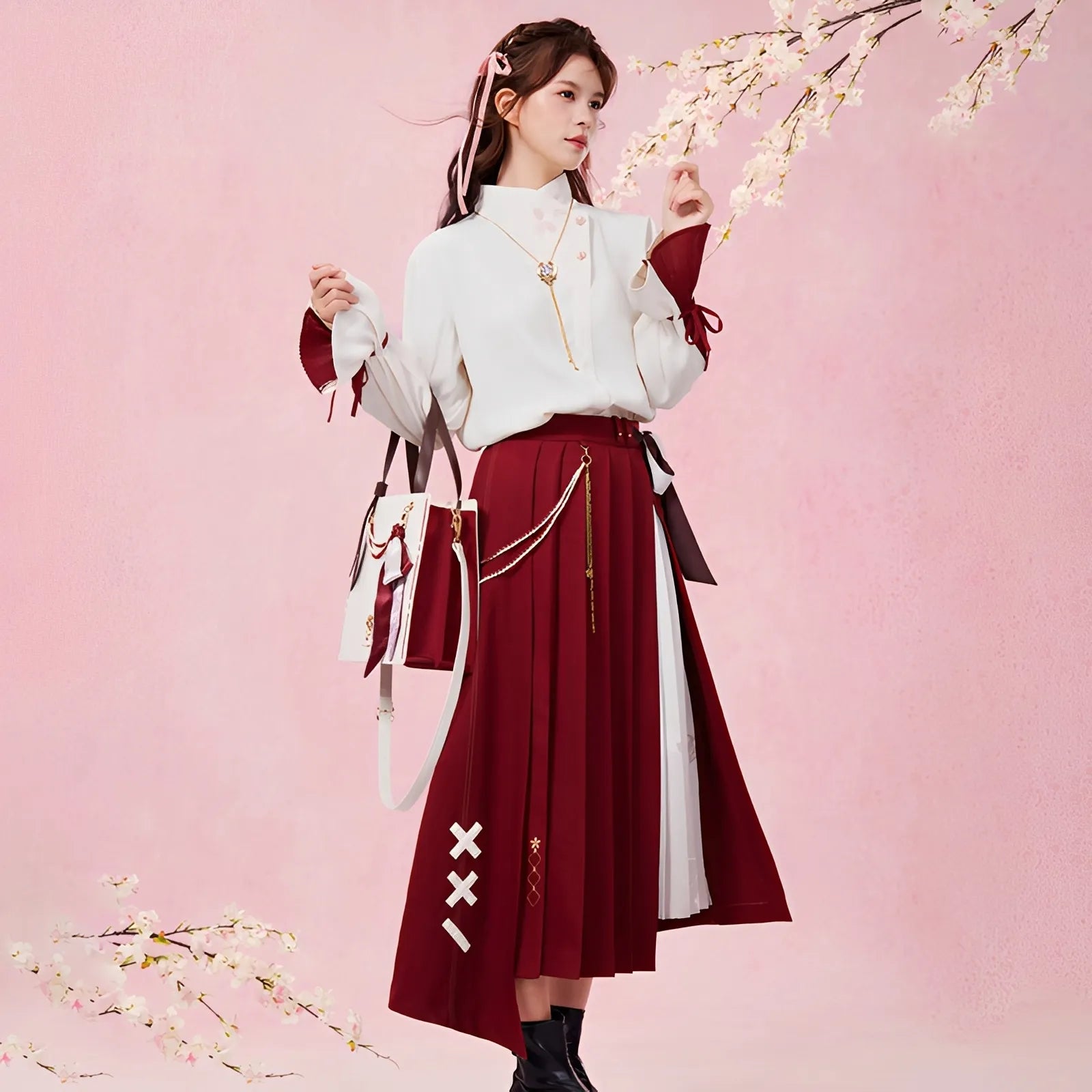 genshin impact yae miko themed pleated skirt front view full outfit