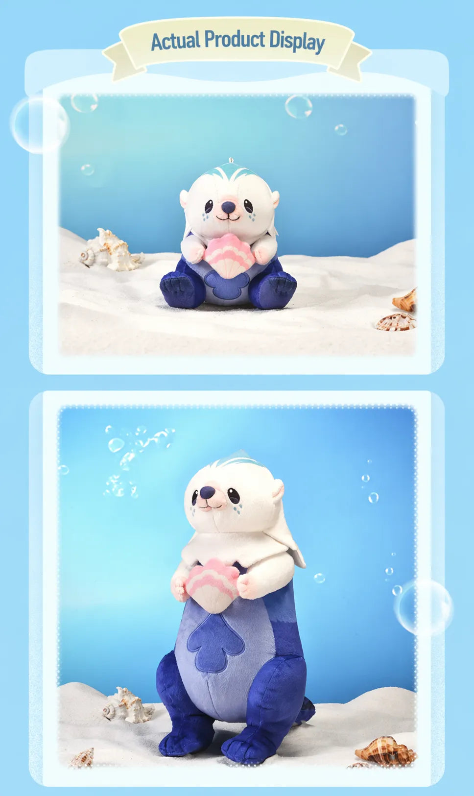 Genshin Impact Yoyo Sea Otter plush real scene display with ocean style background