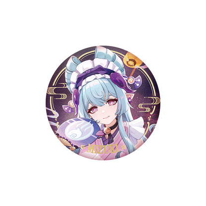 Genshin Impact Yumemizuki Mizuki character badge with holographic finish and themed artwork