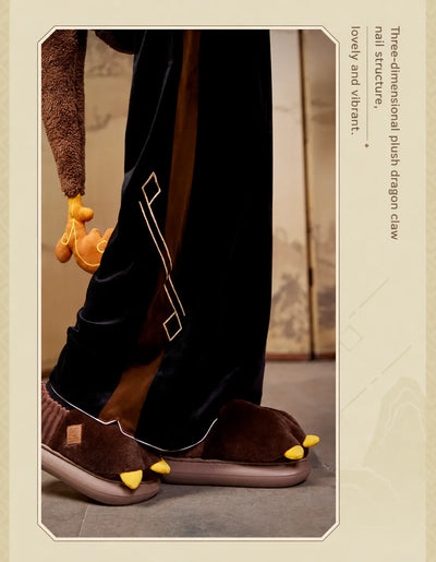 Indoor lifestyle scene featuring Genshin Impact Zhongli themed plush home slippers