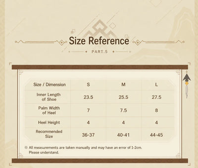 Size reference chart for Genshin Impact Zhongli themed home slippers