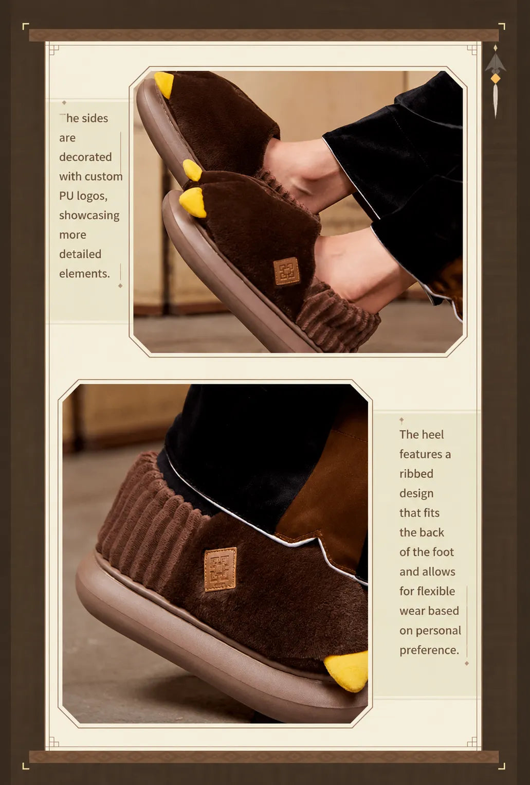 Top view display of Genshin Impact Zhongli themed plush home slippers