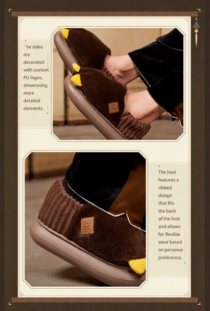 Top view display of Genshin Impact Zhongli themed plush home slippers