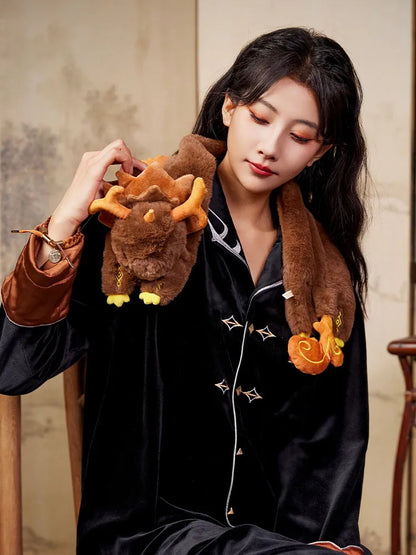 Flat lay display of Genshin Impact Zhongli themed plush toy scarf with warm brown tones