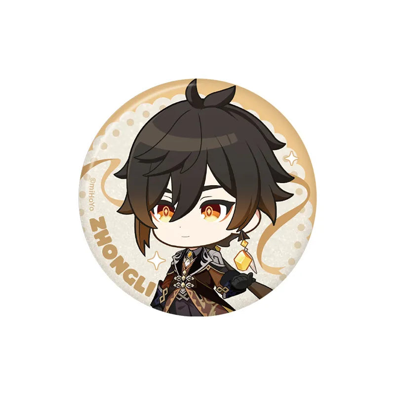 Genshin Zhongli Stellar Recollection series character badge featuring detailed chibi artwork and gold accents