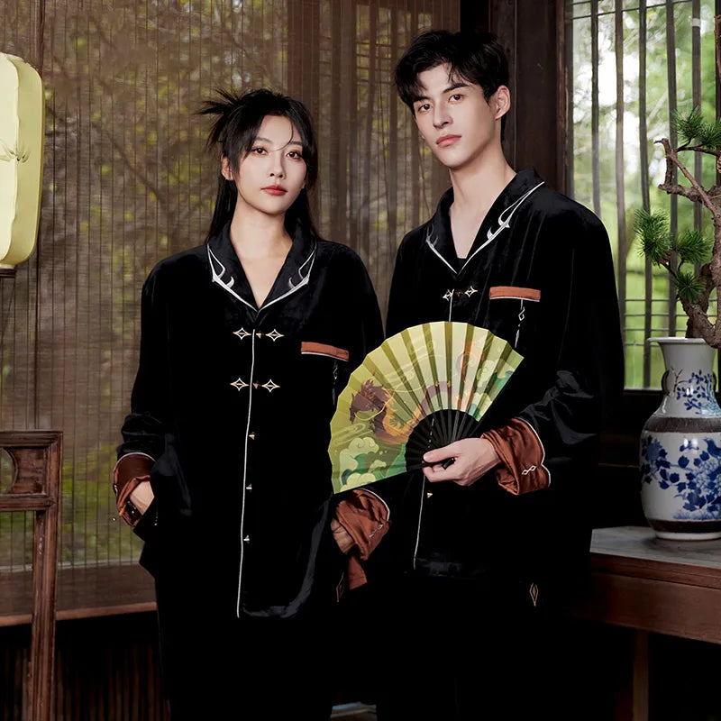 Flat lay display of Genshin Impact Zhongli themed velvet pajama set with matching top and pants