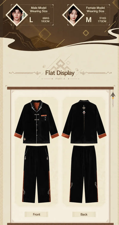 Front and back flat display of Genshin Impact Zhongli themed velvet pajama set