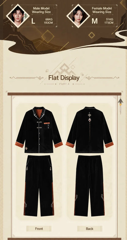 Front and back flat display of Genshin Impact Zhongli themed velvet pajama set