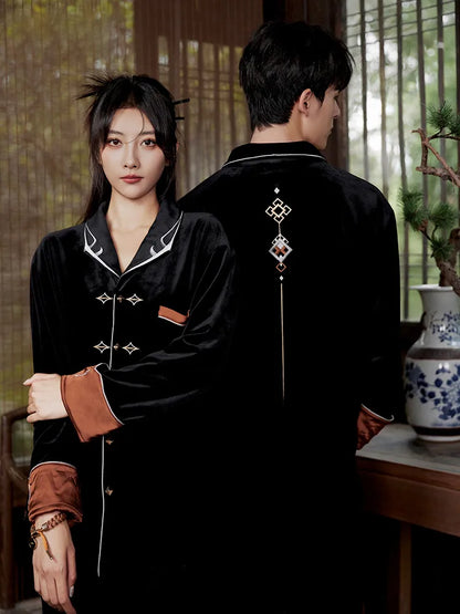 Front view of Genshin Impact Zhongli themed velvet pajama set with embroidered collar details