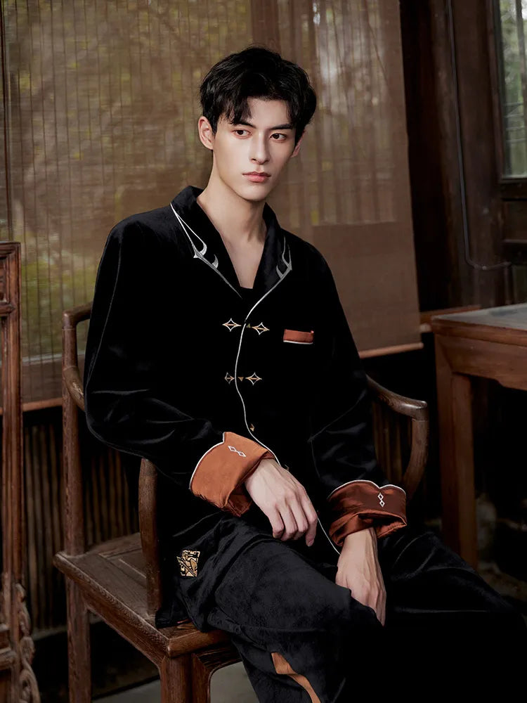 Model showcase of Genshin Impact Zhongli themed velvet pajama set with relaxed homewear styling