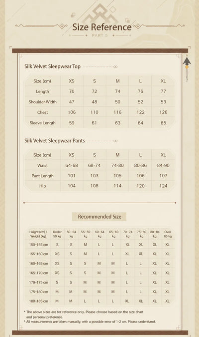 Size reference chart for Genshin Impact Zhongli themed velvet pajama set