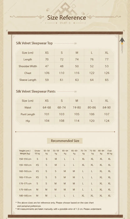 Size reference chart for Genshin Impact Zhongli themed velvet pajama set