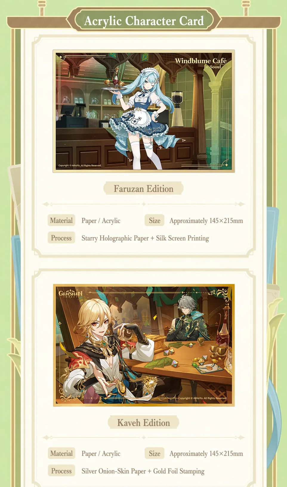 Genshin Impact In-Store Series acrylic art cards featuring character and illustration designs