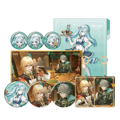 Genshin Impact In-Store Series merch collection featuring badges acrylic cards keychains and folders