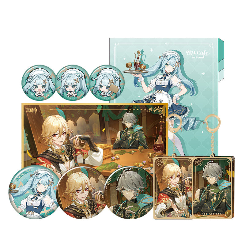 Genshin Impact In-Store Series merch collection featuring badges acrylic cards keychains and folders