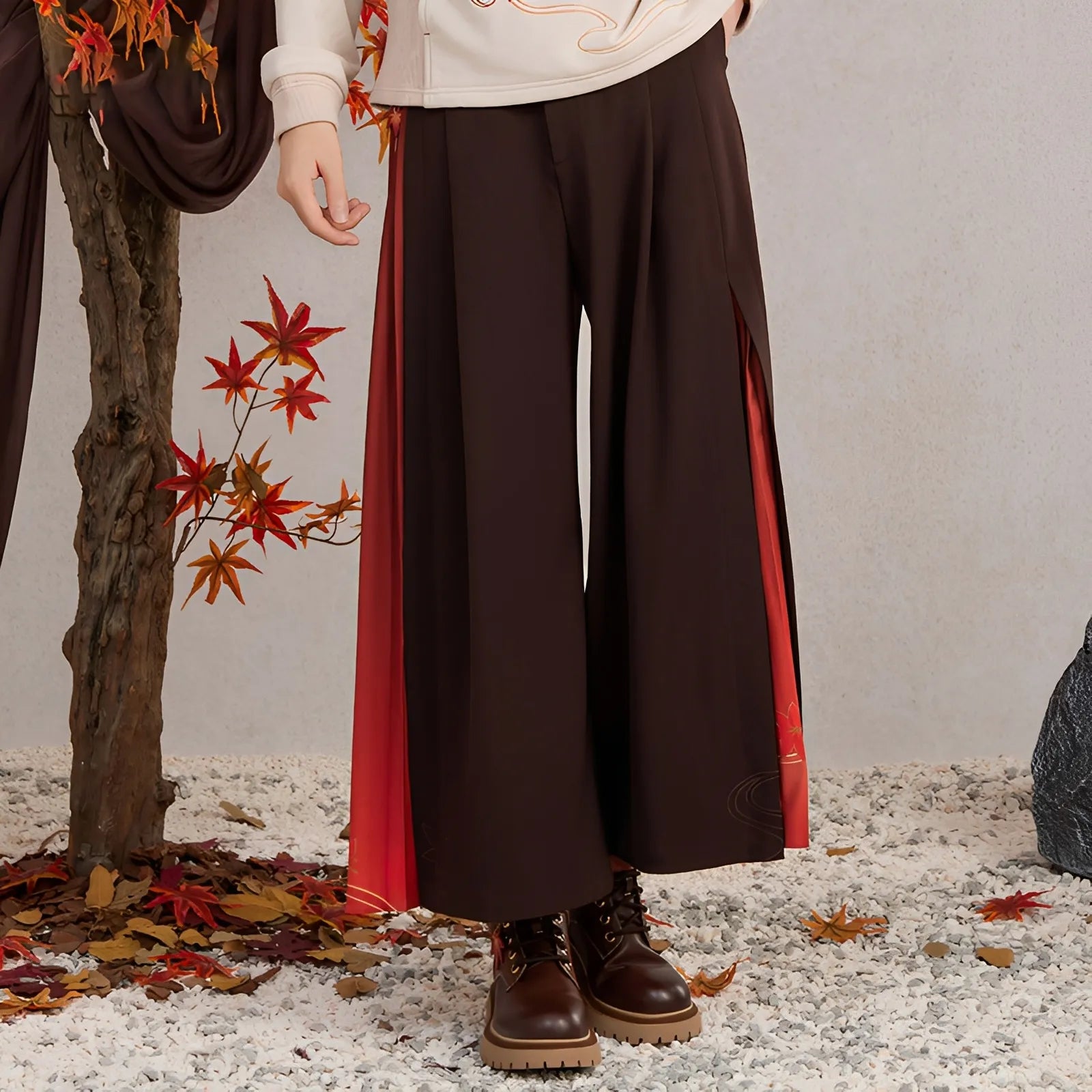 Kaedehara Kazuha themed wide leg pants with maple leaf themed styling details