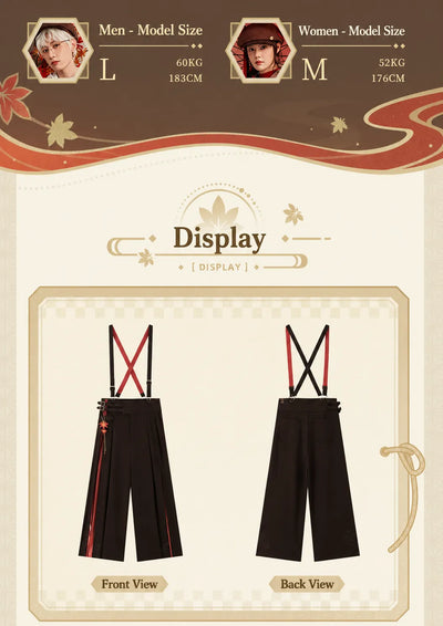 Genshin Kazuha themed outfit with wide leg suspenders pants autumn model showcase