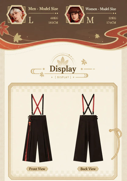 Genshin Kazuha themed outfit with wide leg suspenders pants autumn model showcase