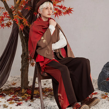 Kaedehara Kazuha themed wide leg suspenders pants autumn fashion model styling