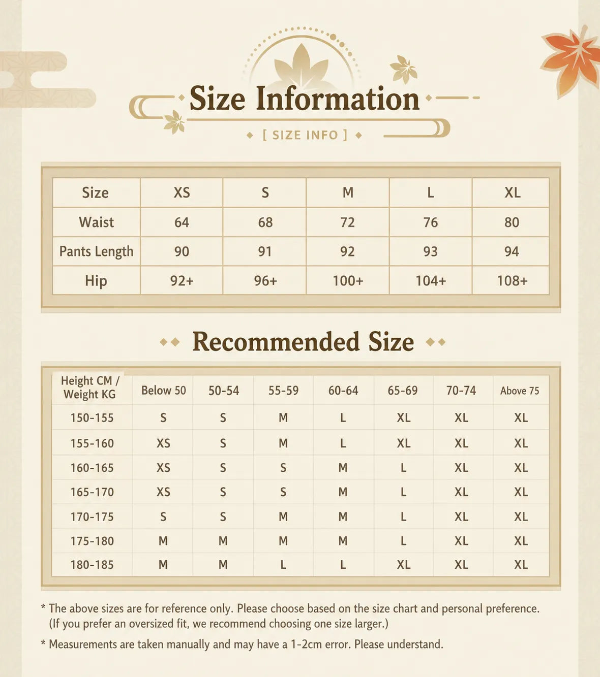 Genshin Kaedehara Kazuha themed impression wide leg suspenders pants size chart and fitting guide