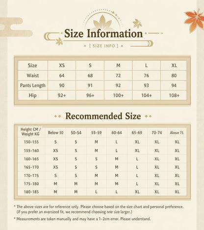 Genshin Kaedehara Kazuha themed impression wide leg suspenders pants size chart and fitting guide