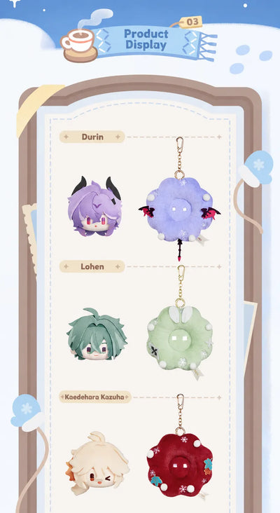 Durin, Lohen and Kaedehara Kazuha plush charms with matching flower-ring bases