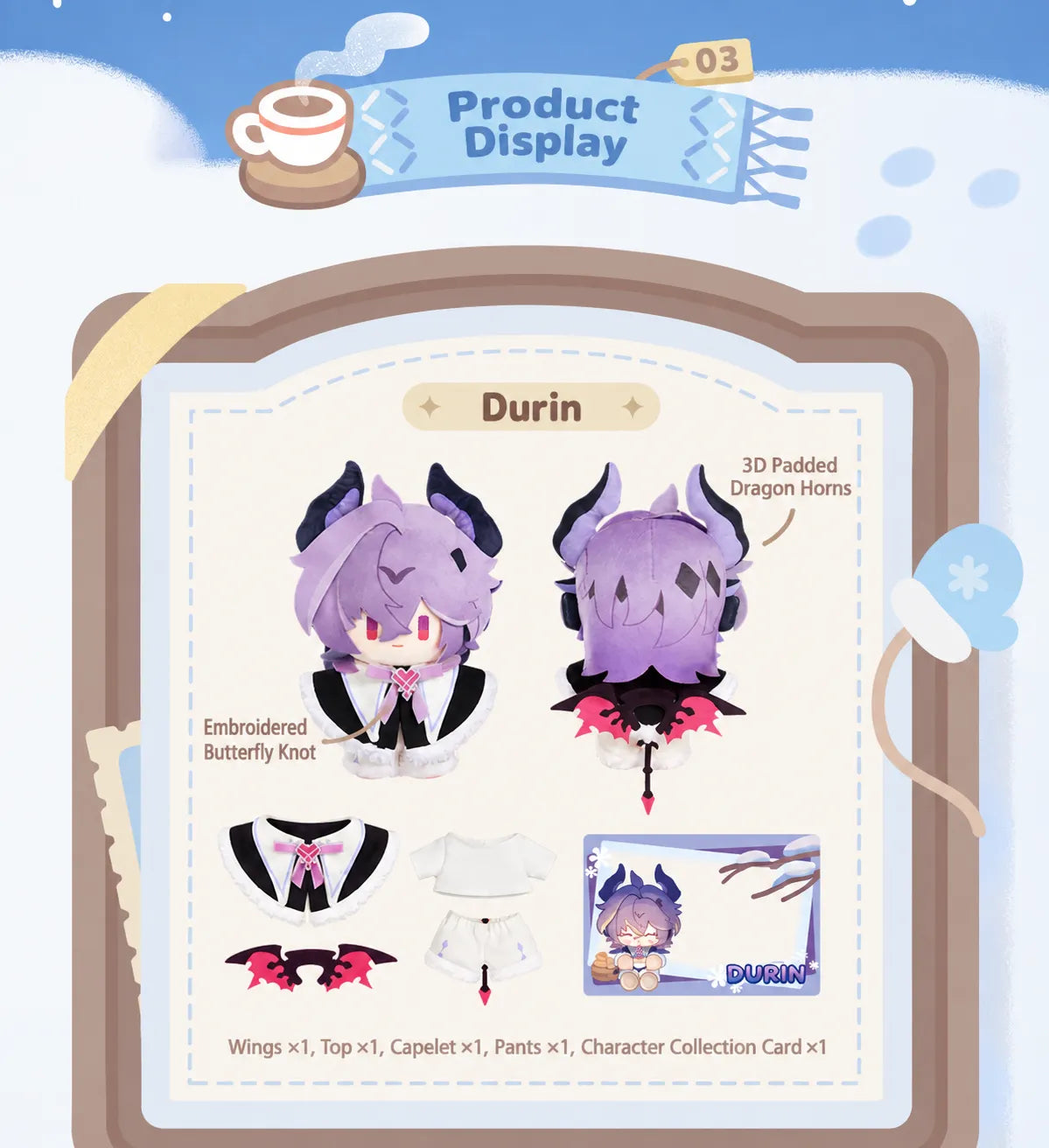 Durin plush doll with removable outfit pieces, wings and collection card