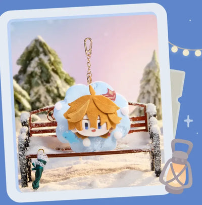 Character plush charms with soft flower-ring bases and metal chains