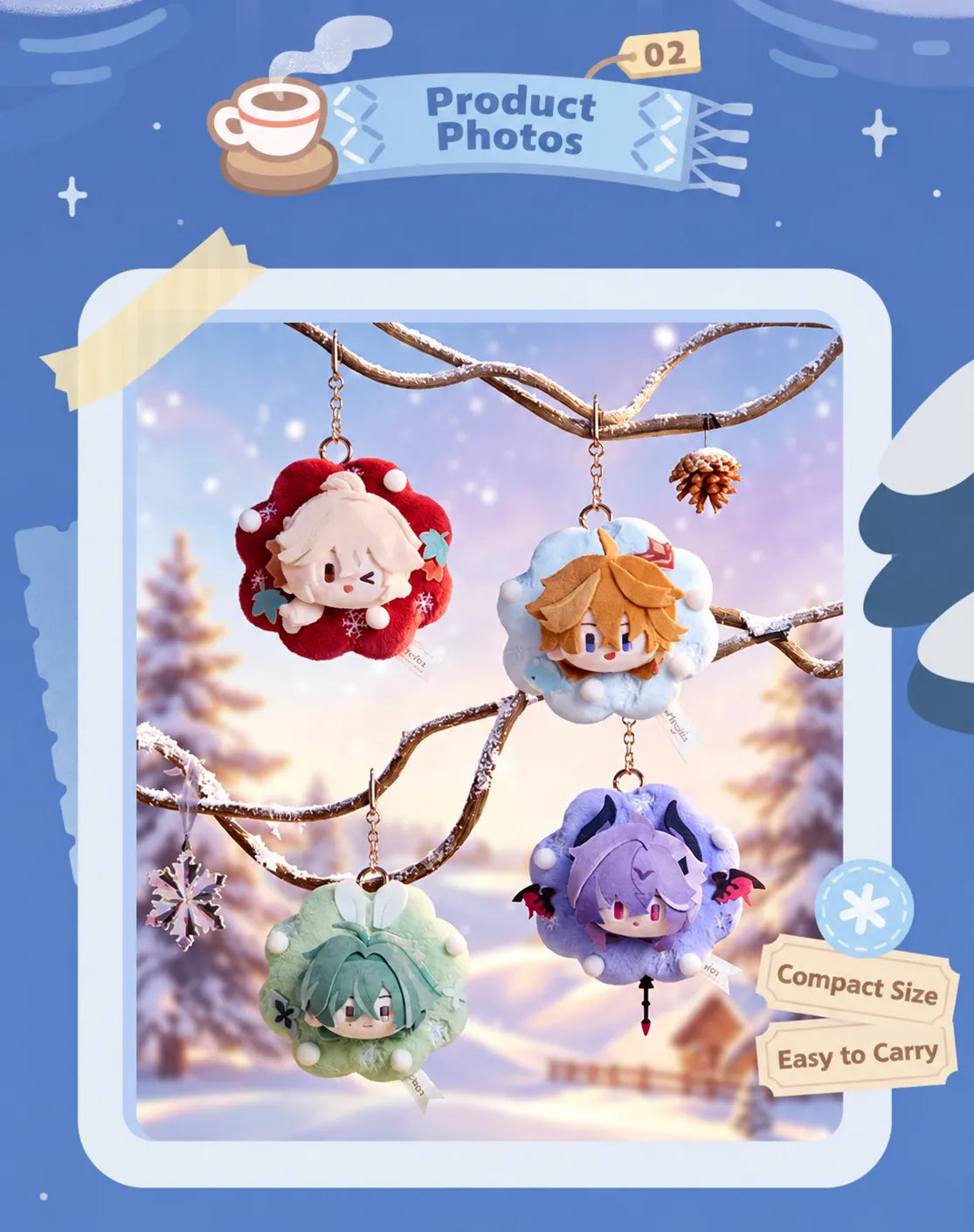 Leisurely Winter Series plush charms hanging from snowy branches