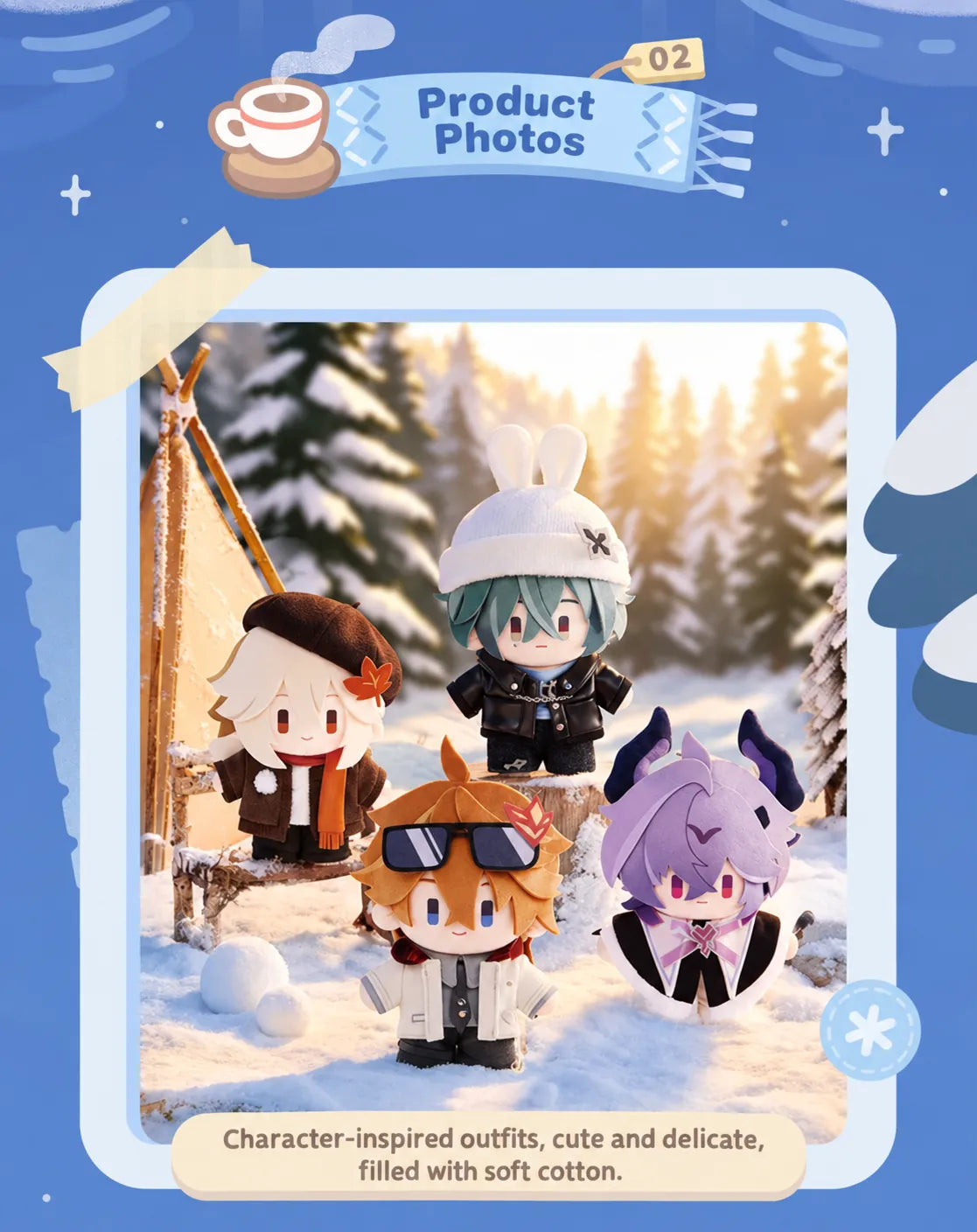 Leisurely Winter Series plush dolls displayed in a snowy winter scene