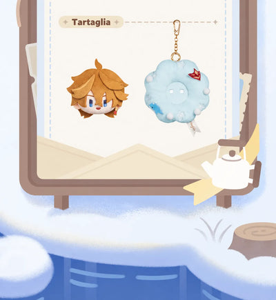 Tartaglia plush charm with removable character plush and blue flower-ring base