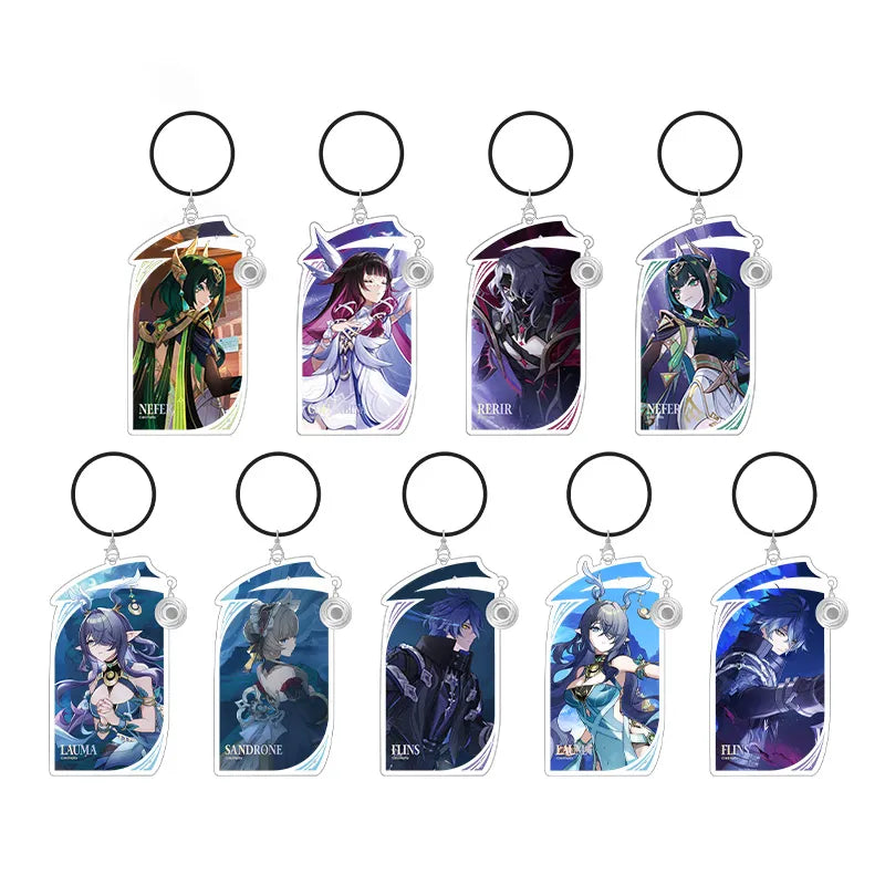 Genshin Impact Nod-Krai Series acrylic keychain collection featuring Flins, Lauma, Sandrone, Nefer, Columbina, and Rerir