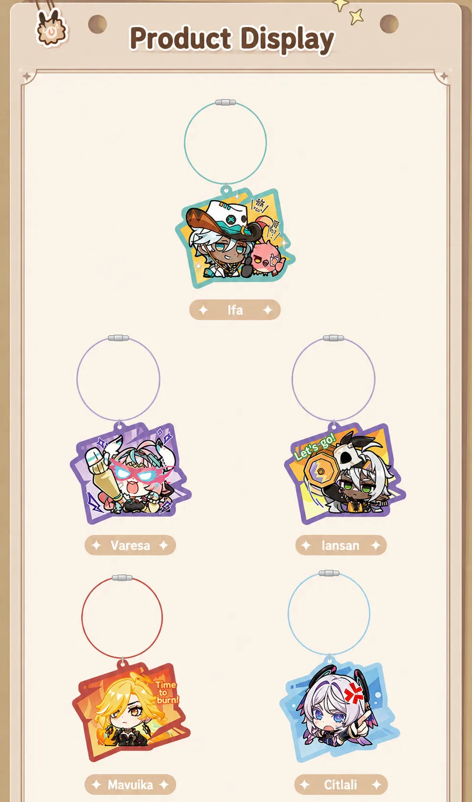 Natlan character acrylic keychains with colorful chibi expression artwork