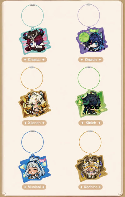 Genshin acrylic keychain display featuring Natlan themed character designs