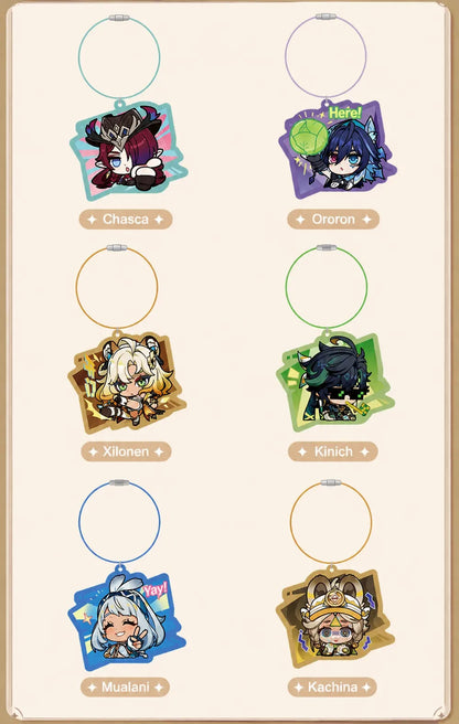 Genshin acrylic keychain display featuring Natlan themed character designs