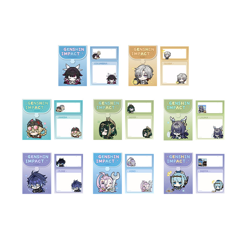 Genshin foldable sticky notes collection featuring Columbina Illuga Jahoda Nefer Lauma Flins Aino and Ineffa